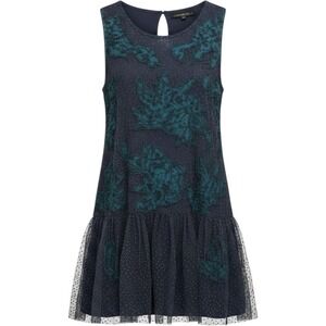Anthropologie Neomia Embroidered Tulle Tunic Top XS Grey Teal Sleeveless‎